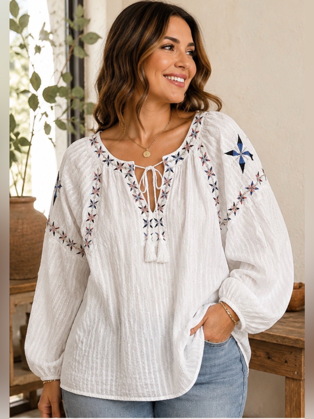 Lane Bryant Embroidered Boho Peasant Blouse White Cotton Tassel Top 22/24